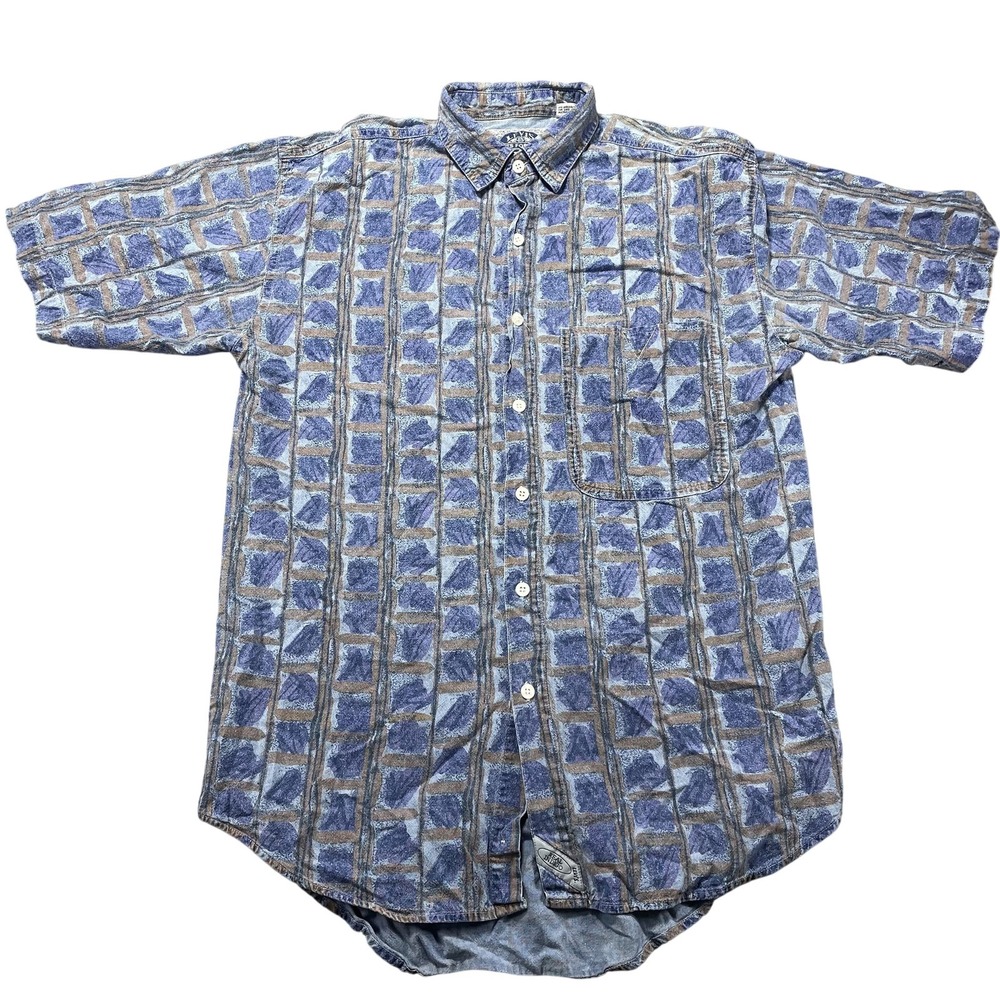 Levi's Shirt Mens Small Blue Denim Geometric Short Sleeve Button Front VTG 90s